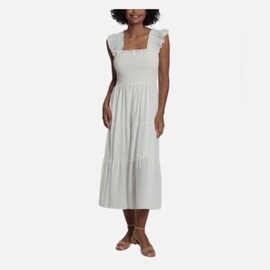 NEW London Times White Dot Smocked Lined MIDI Dress